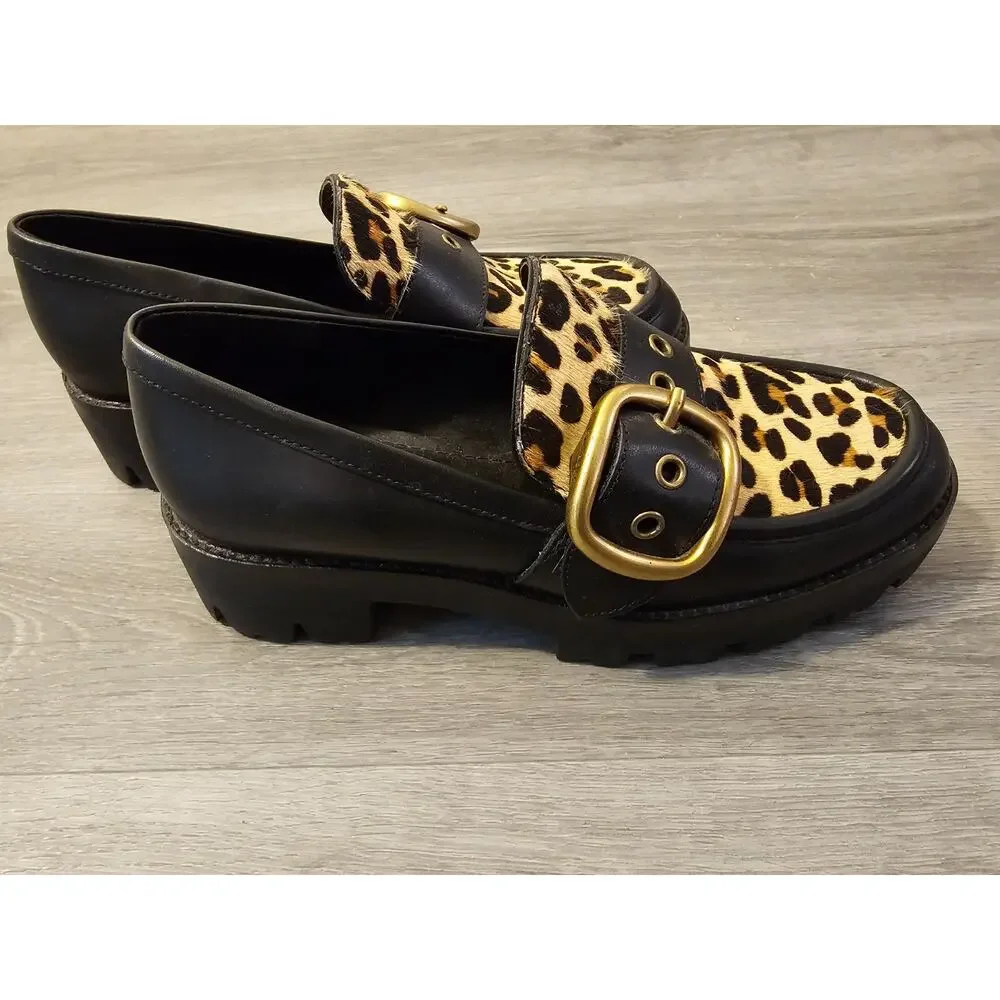 Coach G2452 Womens Grand Calf Hair Leopard Loafer Size 7B Chunky Shoes